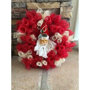 Handmade Seasonal Deco Mesh/Ribbon Wreath Winter Christmas Santa Red White